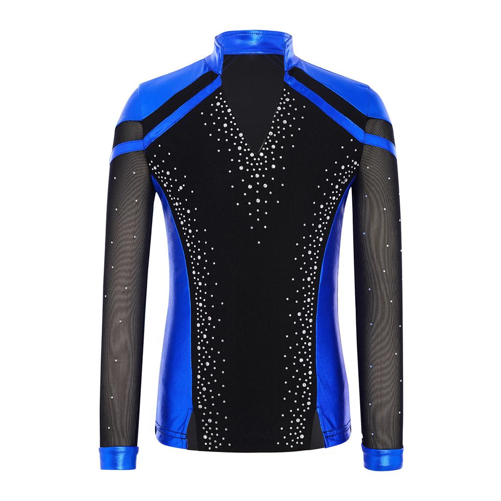 Boys Skating Performance Top: V-Neck Long Sleeve Rhinestone Color Block with Split Hem for Competition Costume