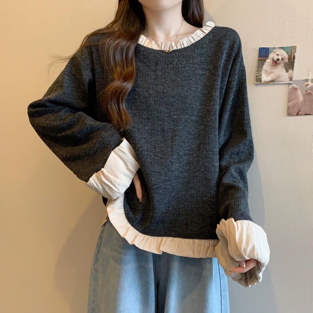 Футболки в стиле ленивой моды с оборками в стиле пэчворк весна-осень новые длинные рукава контрастные свободные повседневные топы винтажная трендовая женская одежда