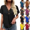 Women's Fashionable Casual Short Sleeved Solid Color V-neck Button Top