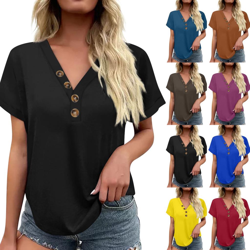 Women's Fashionable Casual Short Sleeved Solid Color V-neck Button Top