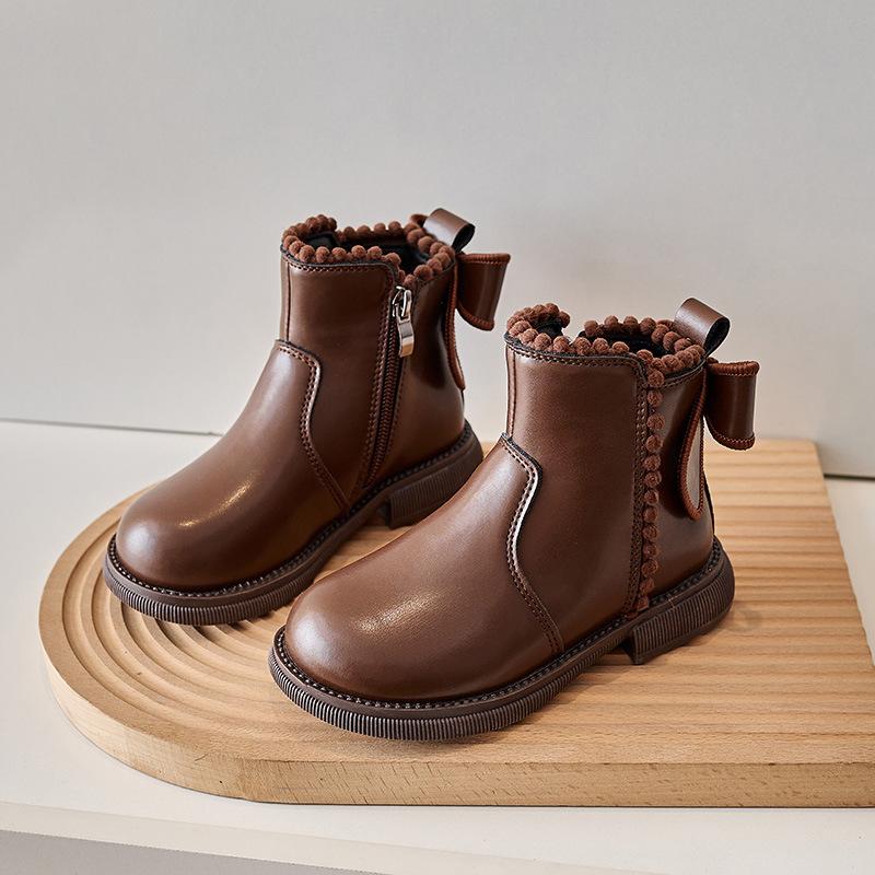 Девочки Анкле-ботинки Сзади Бант Детские Короткие Ботинки Мягкая Подошва 2026 Девичьи Кожаные Ботинки Принцессы с Теплым Хлопком