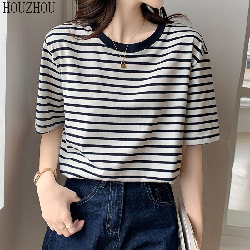 HOUZHOU Полосатая футболка женская зеленая с коротким рукавом летние свободные корейские шикарные повседневные топы большого размера