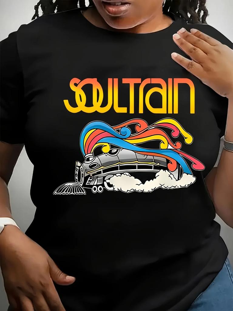 Женская графическая футболка с дизайном Soul Train и яркой желтой надписью, красочным ретро-принтом, круглым вырезом и короткими рукавами, повседневный топ