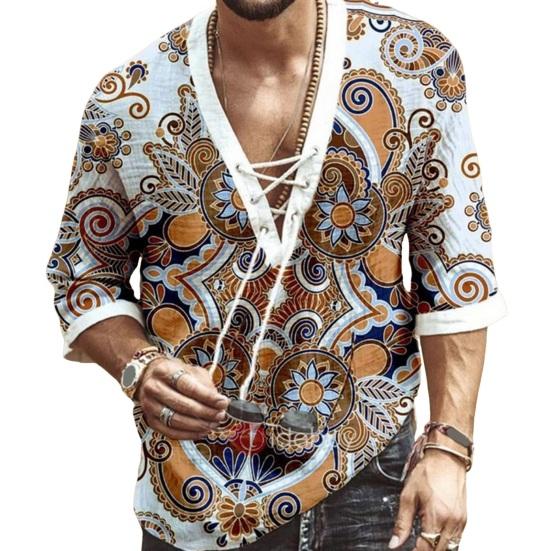 Летний мужской топ с v-образным вырезом на шнуровке, пуловер со средним рукавом и этническим принтом в стиле ретро, ​​свободная повседневная рубашка средней длины