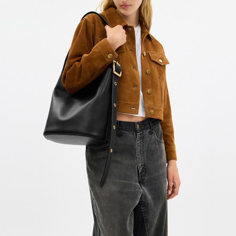 COACH Bleecker 28 branded micro-labeled metal hardware cow leather bucket bag shoulder bag large women's black