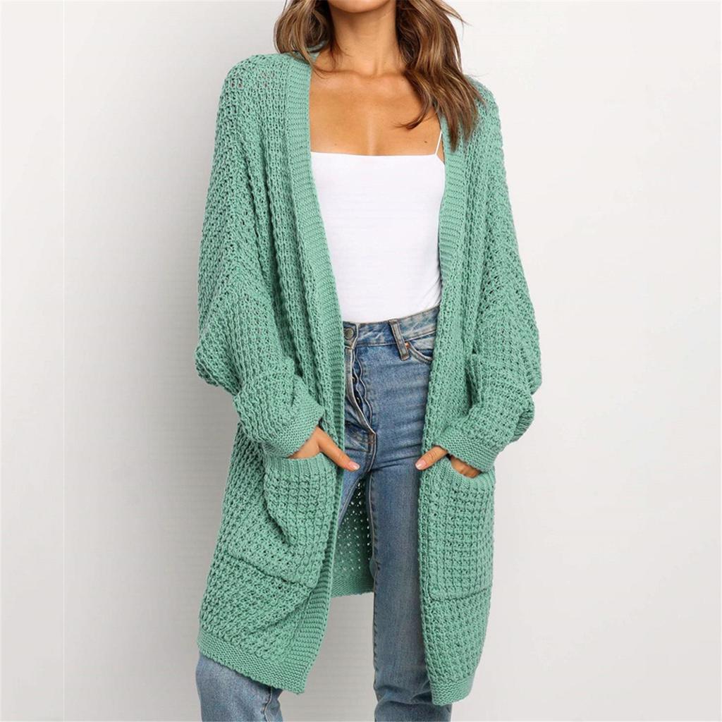 Womens Patchwork Cardigan Long Sleeve Open Front Knit Sweaters Coat Pockets