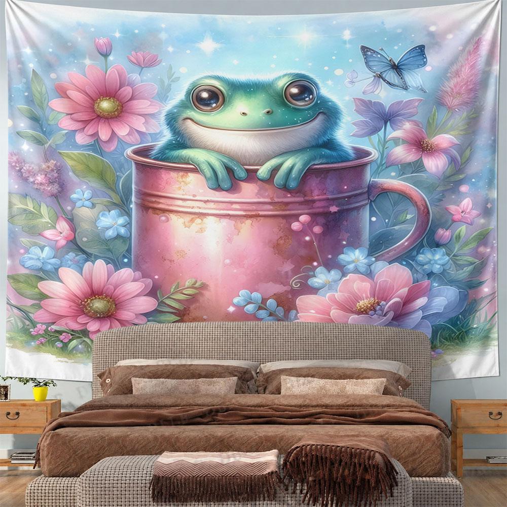 "Frog in a Pink Mug with Floral Bliss" Pattern Wall Hanging Tapestry Decorative Tapestry Home Decor for Bedroom and Living Room