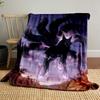 A black, multi-tailed fox with glowing purple aura and fiery surroundings. for all seasons blanket lunch break throw gift