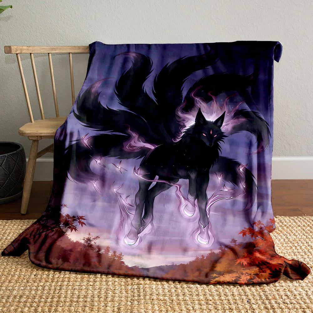 A black, multi-tailed fox with glowing purple aura and fiery surroundings. for all seasons blanket lunch break throw gift