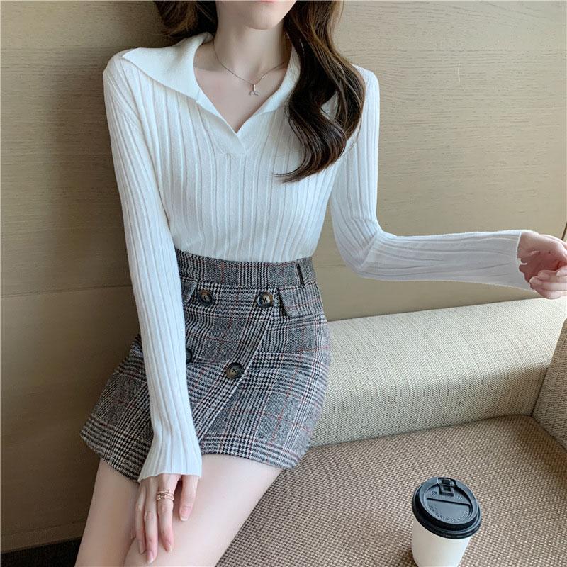 Autumn/winter Knitted T-shirt Women's Pullover Knit Sweater V-neck Polo Shirt Top Knitted Undershirt Women's Stretch Skinny Sweater Undershirt