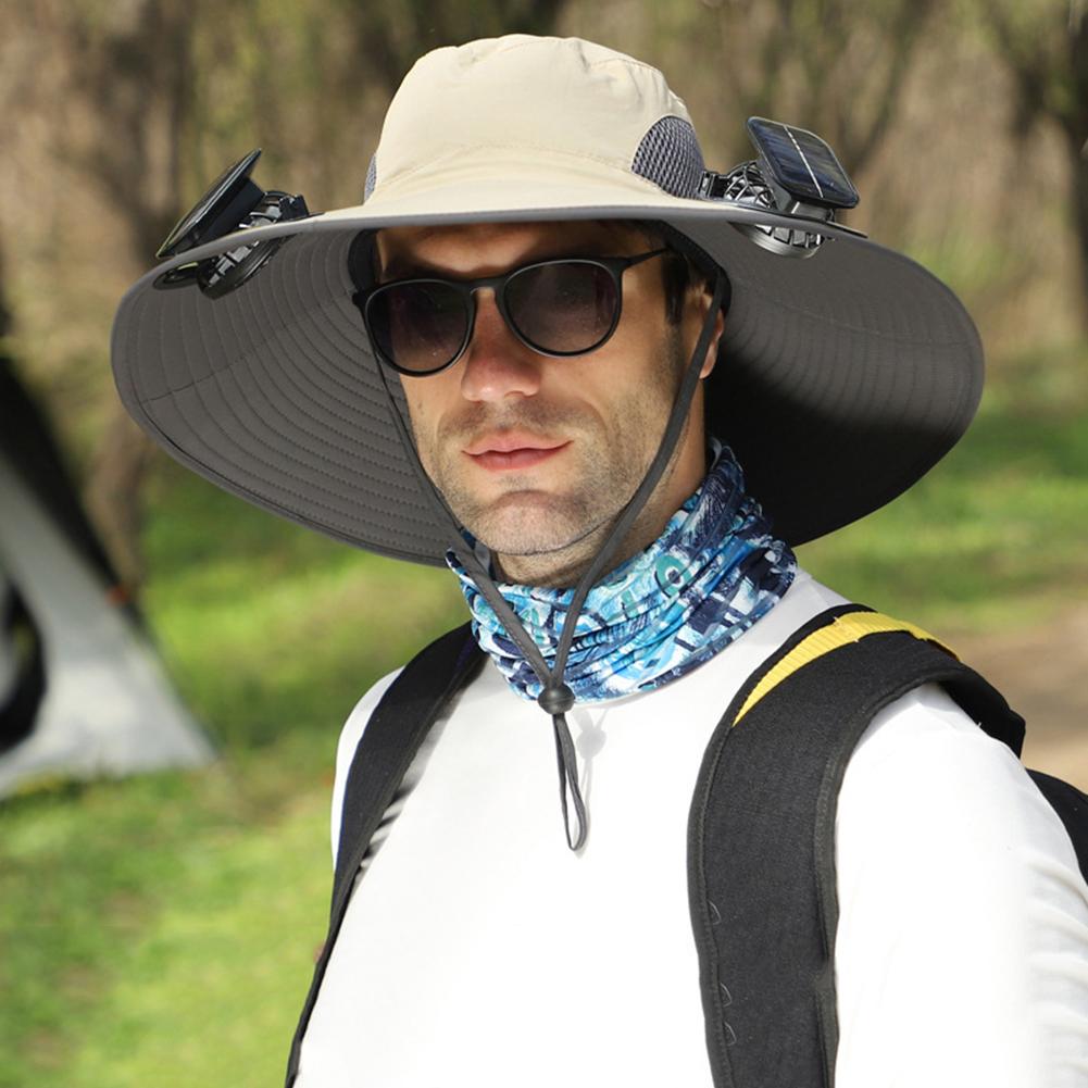 Солнечная шляпа с вентилятором Солнцезащитная шляпа с 2 солнечными вентиляторами Уличная шляпа для рыбалки Шляпа-ведро с широкими полями для мужчин Для активного отдыха, кемпинга, рыбалки, пеших прогулок