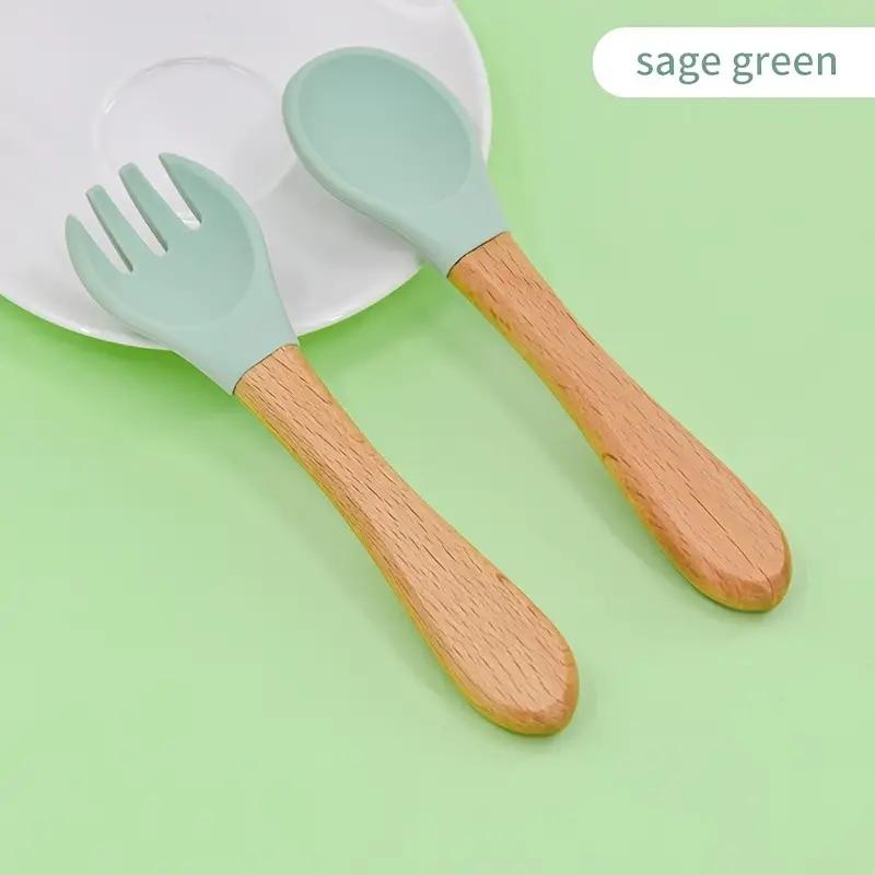Силиконовая вилка и ложка с деревянной ручкой, набор вилок и ложек для кормления, отличный подарок на Рождество, Хэллоуин, День благодарения, Новый год