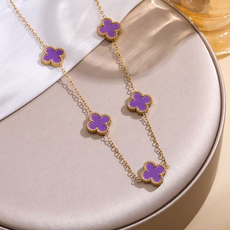 Изысканная 18-каратная титановая сталь не теряет цвет Четырехлистный клевер Двусторонняя перламутровая Пять цветков Ожерелье Цепочка для ключицы женская