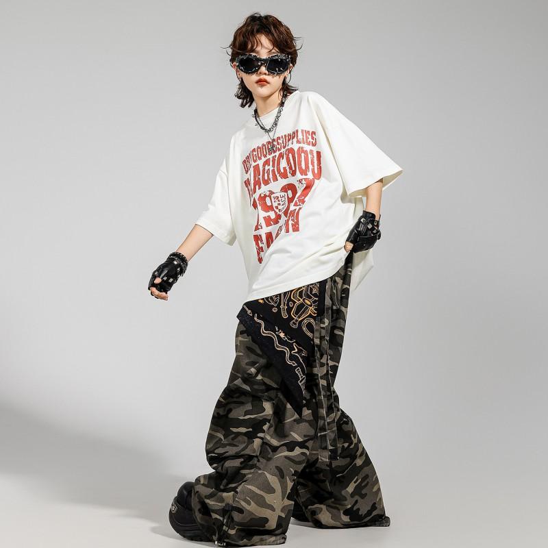 Kids Hip Hop Dance Outfit Set With Camo Cargo Pants Retro Print Tee Boys Girls Street Performance