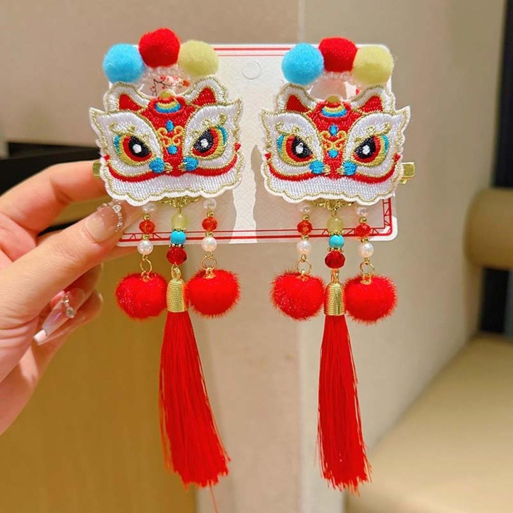 2pcs Lion Children's Chinese Hairpin Bow Flower New Year Tassel Barrettes Golden Lock Plush Ball Embroidered Bow Headwear Party