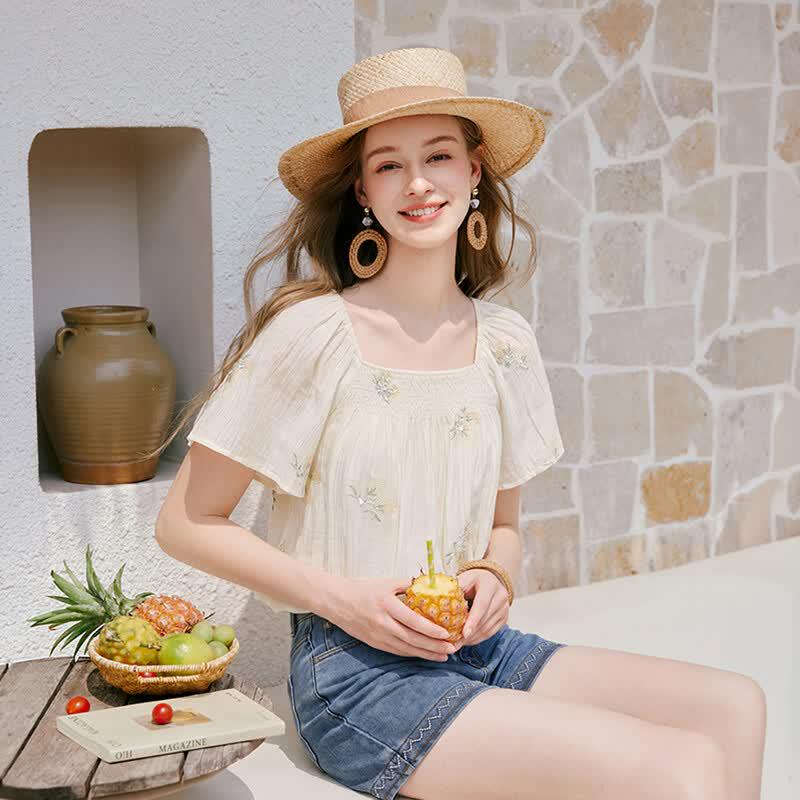 Women's Floral Embroidered Square Neck Chiffon Blouse