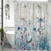 Синяя цветочная шторка для душа с растением и стрекозой, декоративная шторка для ванной, водонепроницаемая шторка для душа с крючками