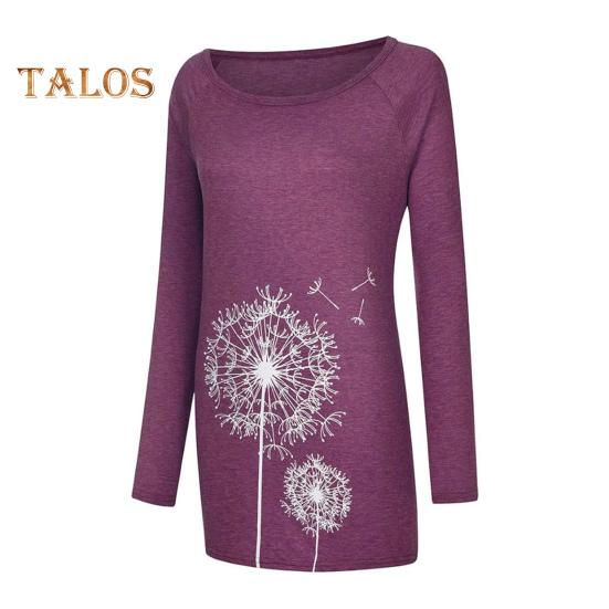 Женская туника больших размеров с принтом одуванчика, удлиненная рубашка с круглым вырезом и длинными рукавами, футболка-пуловер свободного кроя для работы, повседневной жизни