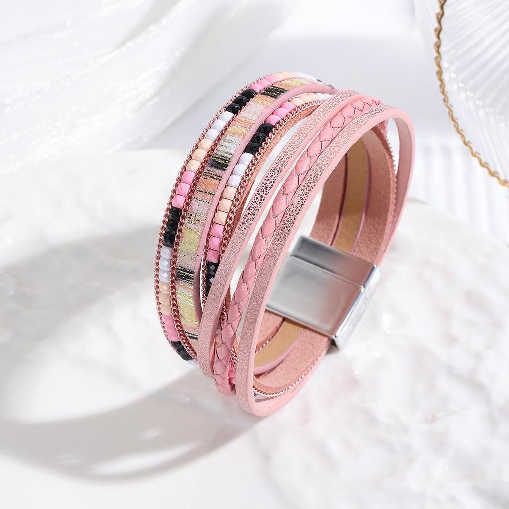 Bohemian Multi-layer Leather Wrap Bracelet with Magnetic Buckle for Women