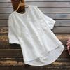 Summer Floral Embroidered T-shirt V-neck Cotton Linen Casual Pullover Short Sleeve Blouse Top for Women