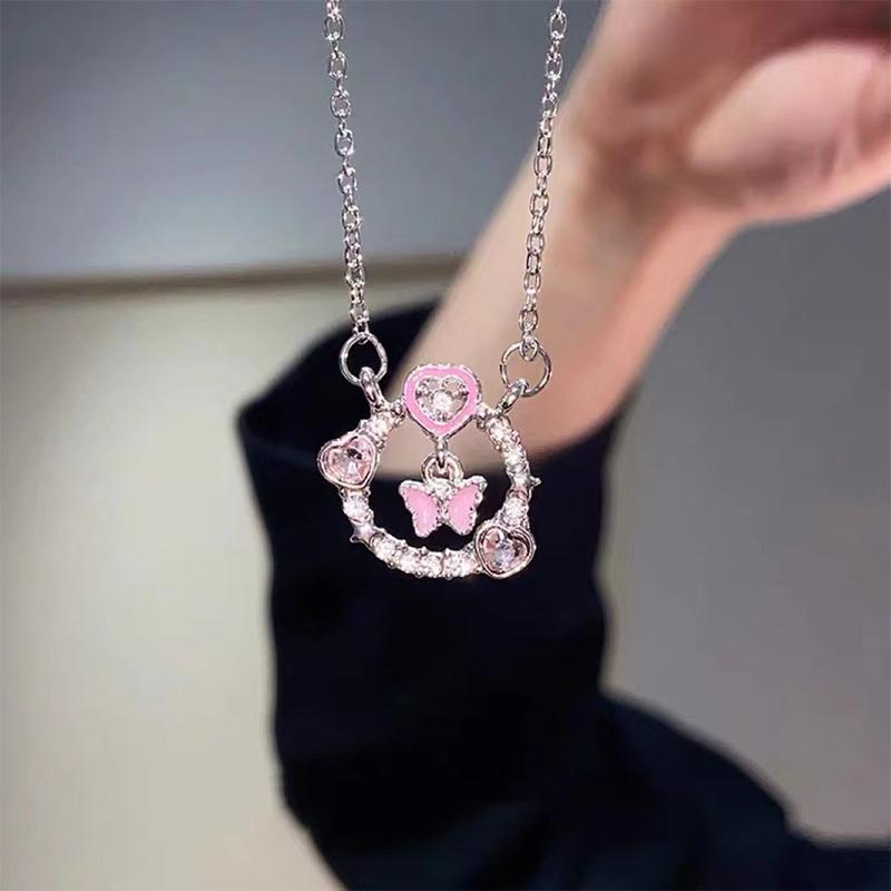 Light Luxury Shiny Zircon Butterfly Pink Heart Necklace For Women Exquisite Round Pendant Clavicle Chain Girl Party Jewelry Gift