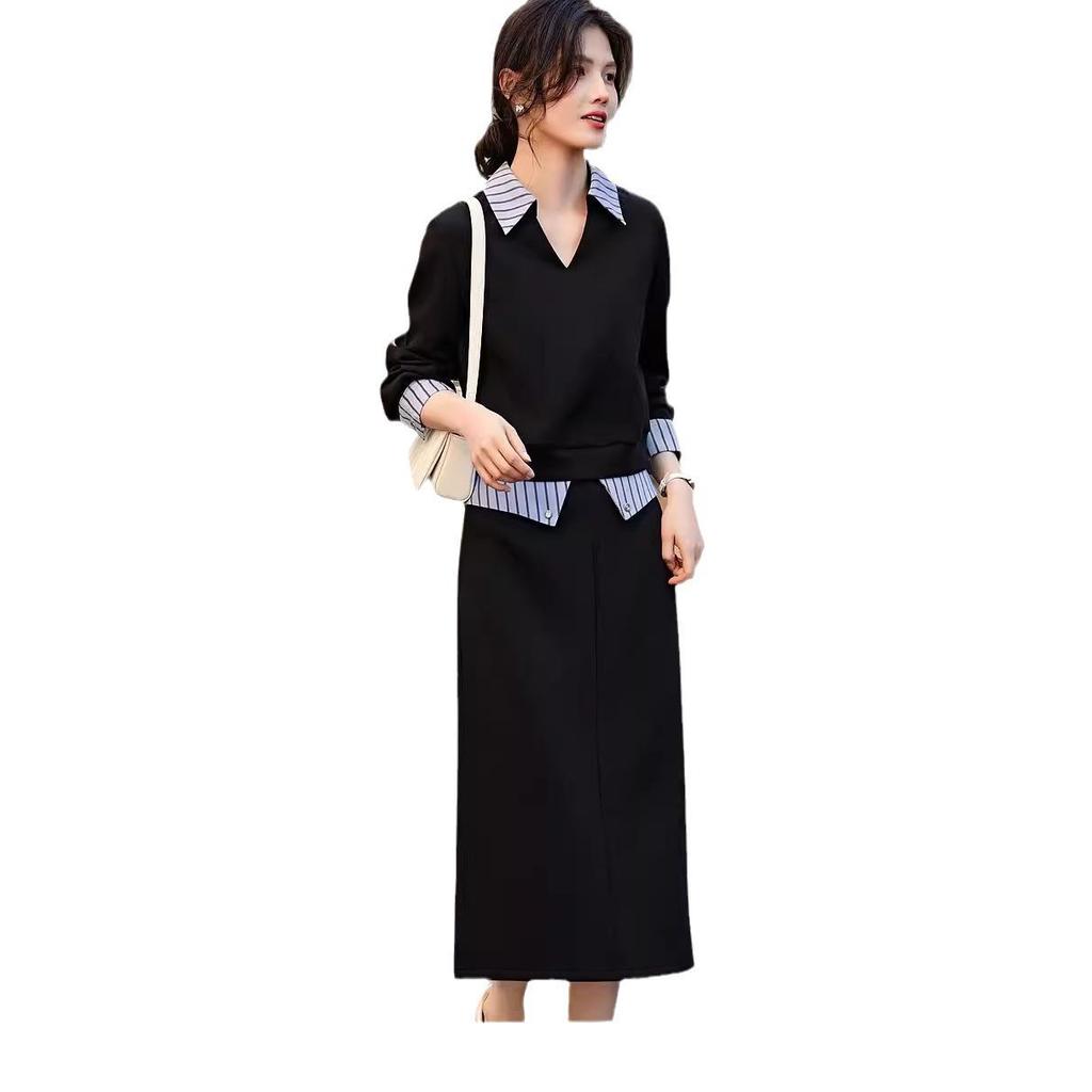 Internet Celebrity Patchwork Shirt Collar Sweatshirt & Midi Skirt Set for Women - Autumn Casual Two-Piece Ensemble