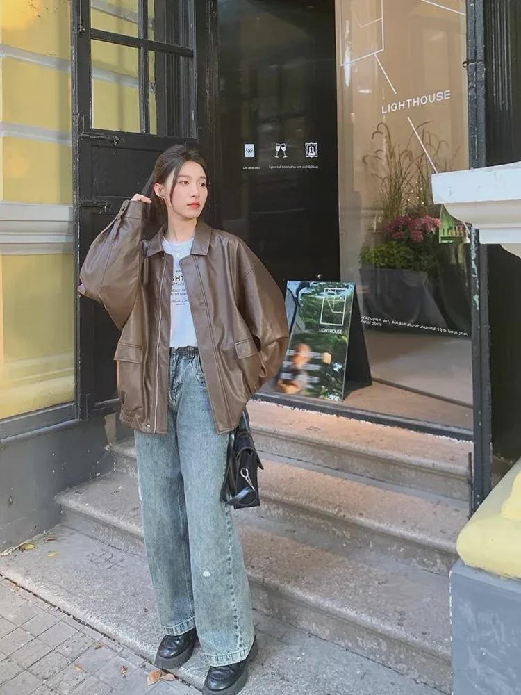 2024 Women's Retro Brown Short Leather Jacket – Korean Style, Loose Fit, Perfect for Spring and Autumn, Stylish Motorcycle Design