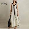 Women Maxi Dress V-Neck Sleeveless Contrast Color Loose Fit Long Dress Double Sided Wear Holiday Travel Dress