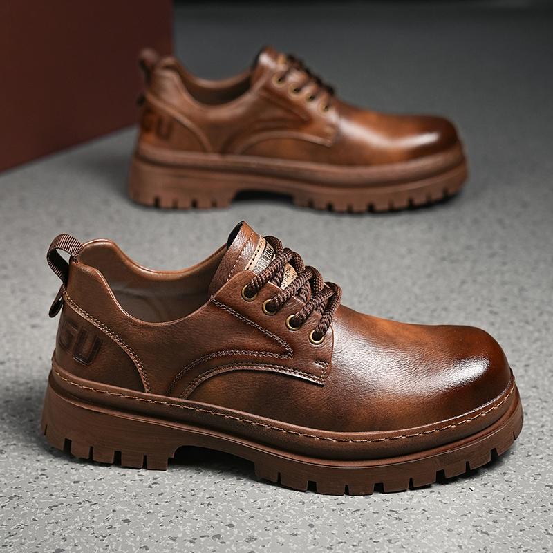 Italian Thick Bottom Men Casual Leather Shoes Outdoor Antiskid Tooling Shoes Beef Tendon Outsole Leather Lace Up Oxford Shoes
