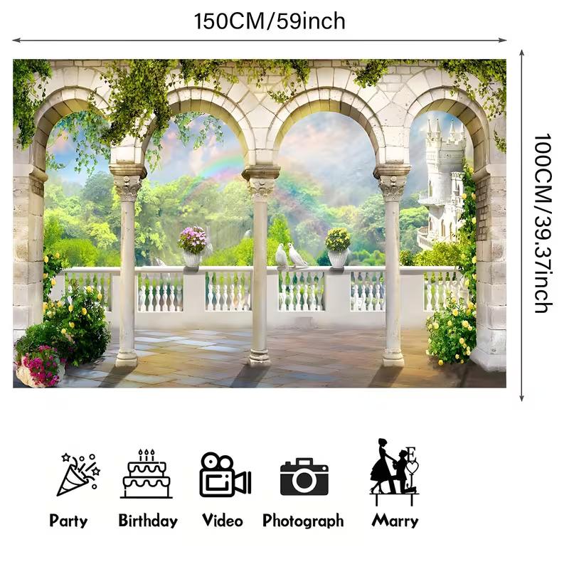 2D Castle Balcony Backdrop with Arches and Rainbow Photography Background