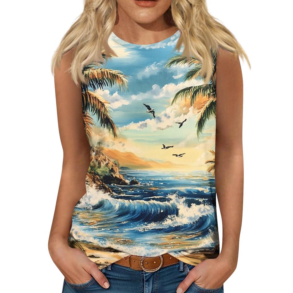 Women's Fashion Summer Round Neck Tank Top Lightweight Sleeveless  Print Tank Top