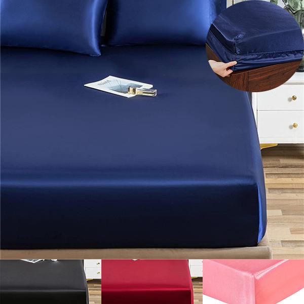 (No Pillowcases )Luxury Emulation Silk Fitted Sheet Bed Mattress Protector Cover Elastic Sheets Bed Mattress Cover Linen