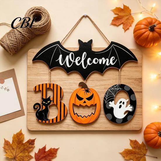 Retro Style Seasonal Decor Halloween BOO Door Sign, Wooden Ghost Evil Pumpkin Black Cat Hanging Welcome Festival Plaque Spooky Bat Hanger for