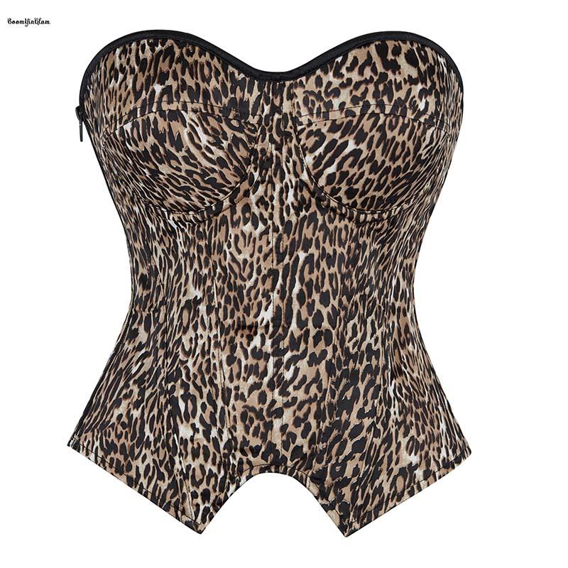 Leopard Print Strapless Boned Corset Top Women Sexy Bustier Waist Cincher Body Shaper Party Clubwear