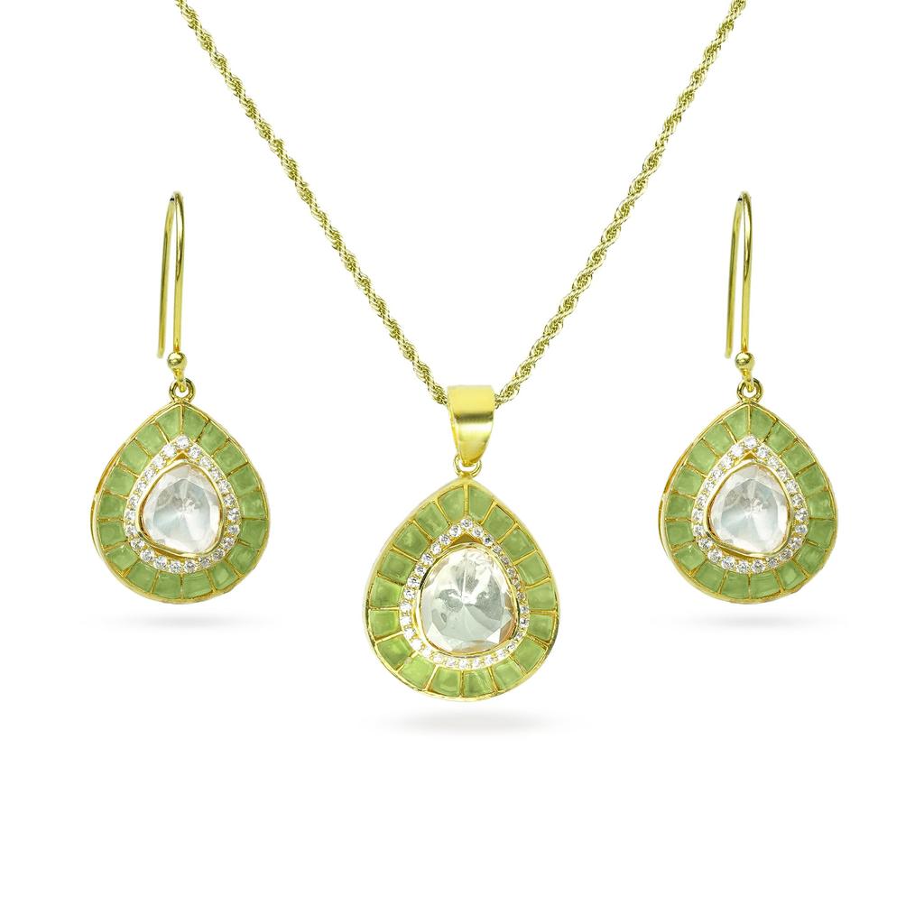 Moissanite Zircon Kundan Pendant Earring Set Gold Plated 925 Sterling Silver Women Jewelry