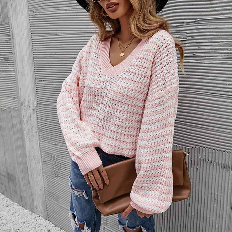 Вязаный повседневный полосатый пуловер с v-образным вырезом, женский свитер