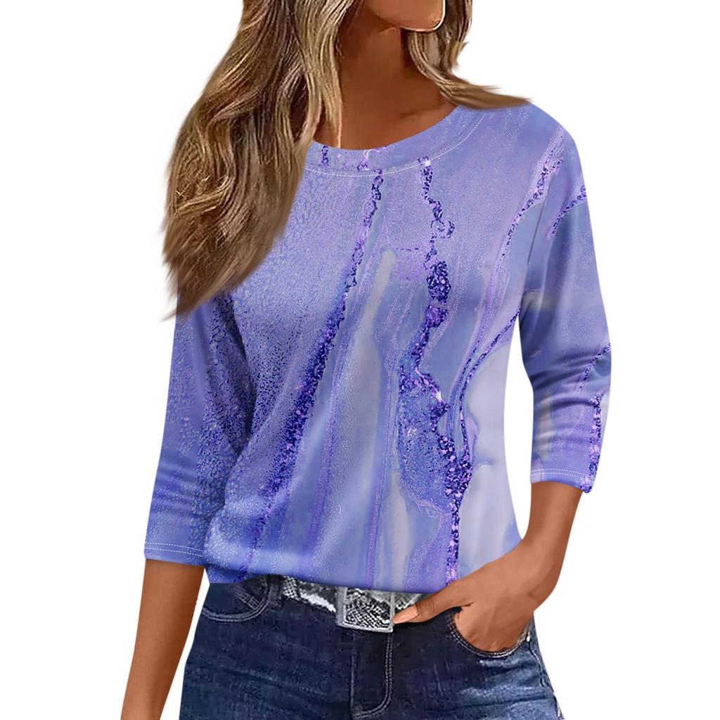 Блузка женская тренд 2024 женская мода повседневная круглая горловина рукав 3/4 свободная принтованная футболка женская верхняя часть
