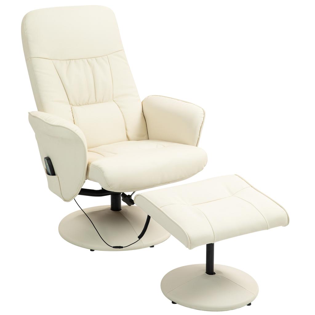 Massage Chair with Footstool, Ergonomic Chair with 10 Vibration Points, Faux Leather, 76 x 81 x 105 cm, Cream White