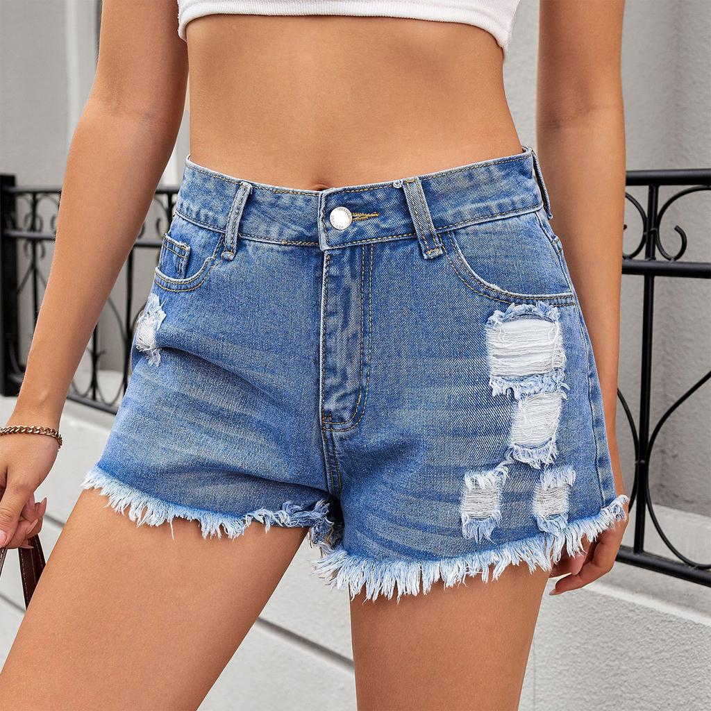 Женские модные трендовые однотонные повседневные шорты из денима с карманами, потертыми краями и отверстиями
