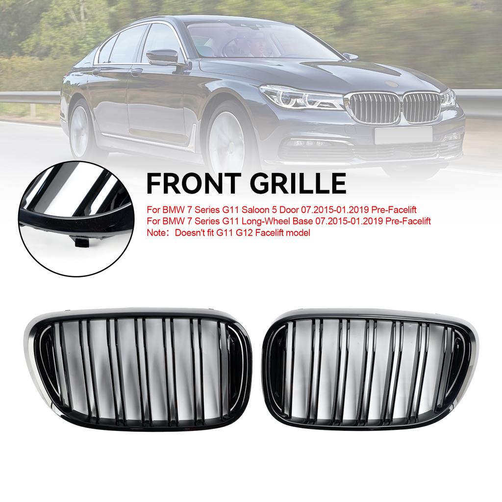 Black 2 Slat Front Kidney Grill Grille Fit BMW 7 Series G11 G12 2016-18 Pre-LCI