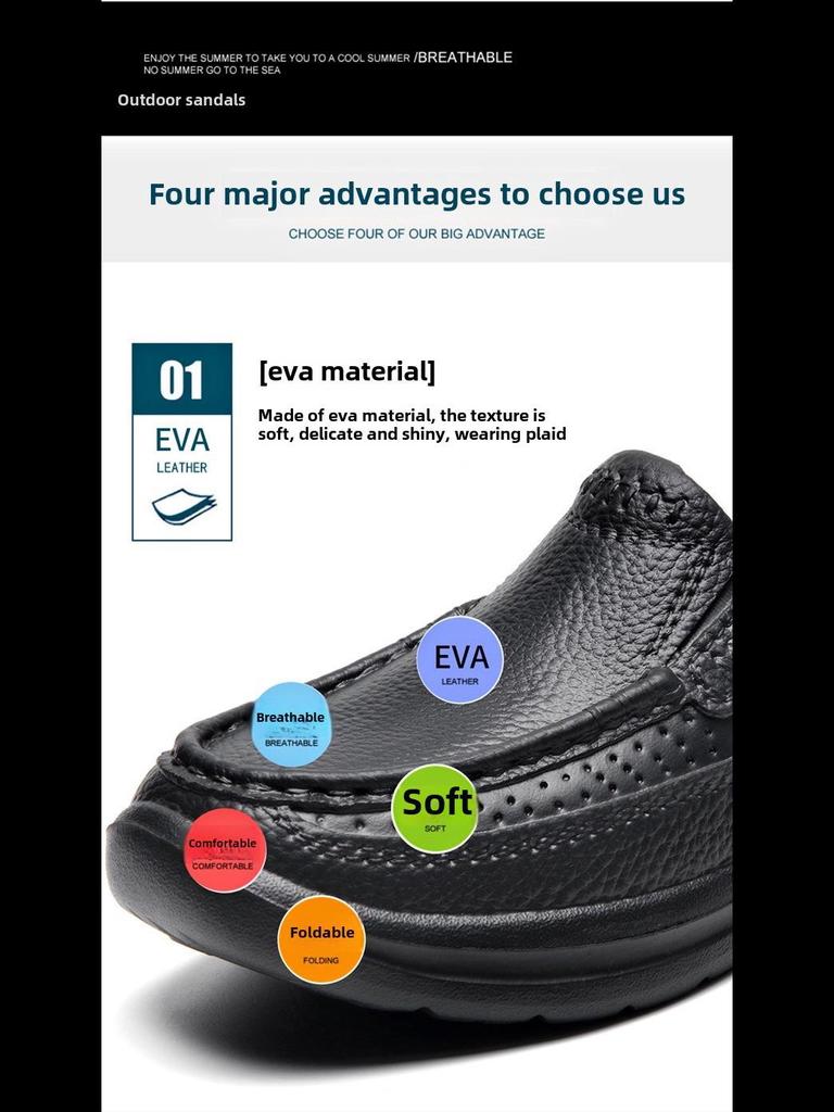 Men's Casual Leather Slip-On Toe Slippers, Large Size 46, Stylish and Comfortable for Summer.