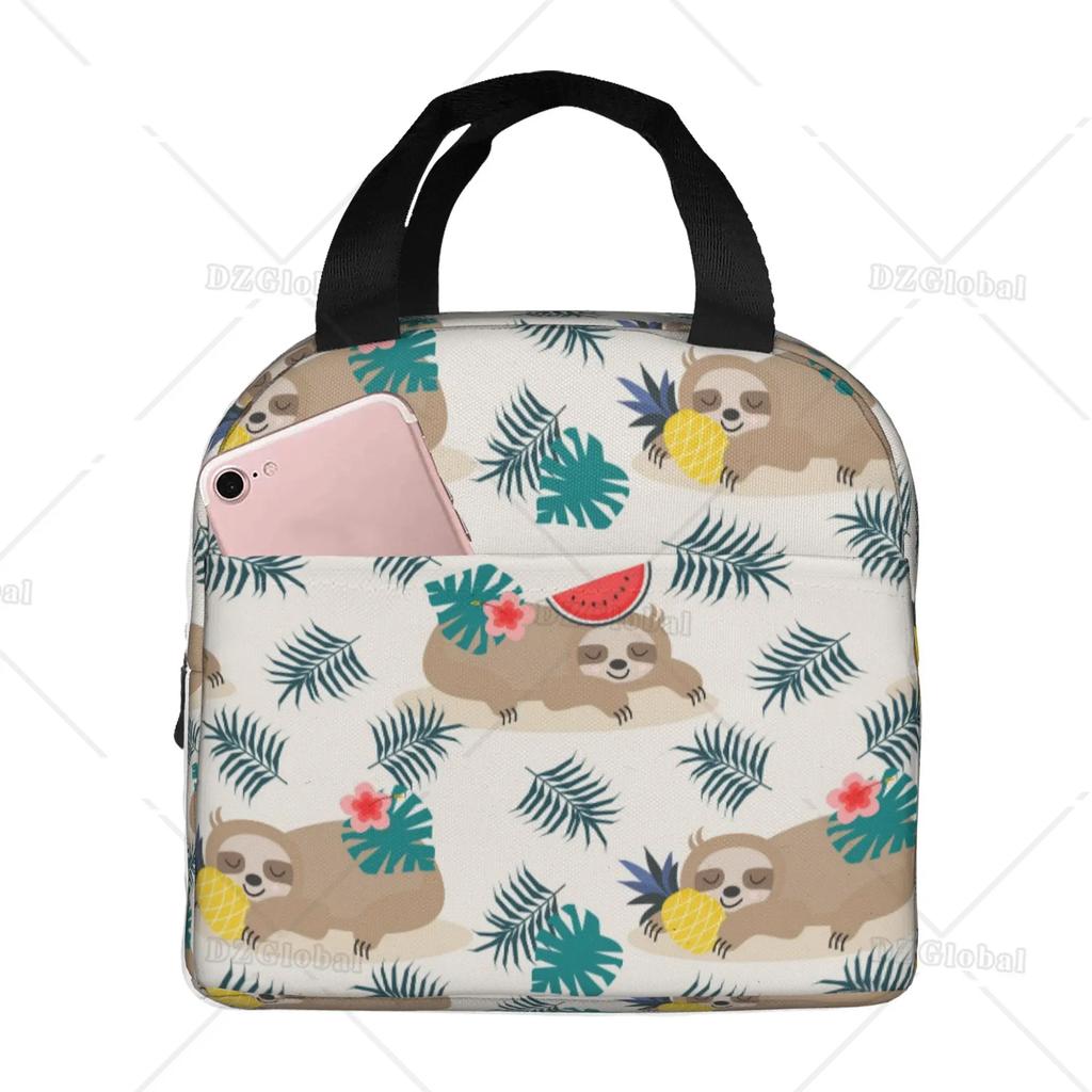 Cute Sloth Insulated Lunch Bag with Front Pocket Reusable Cooler Tote Bag with Zipper for Men Women Thermal Lunch Bento Box