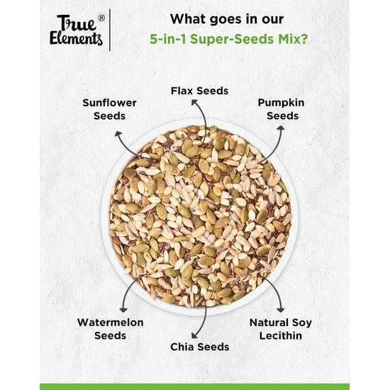 True Elements 5 In 1 Super Seeds Mix 125g - Roasted Sunflower, Pumpkin, Flax, Watermelon & Chia Seeds, Healthy Snacks for Weight Loss