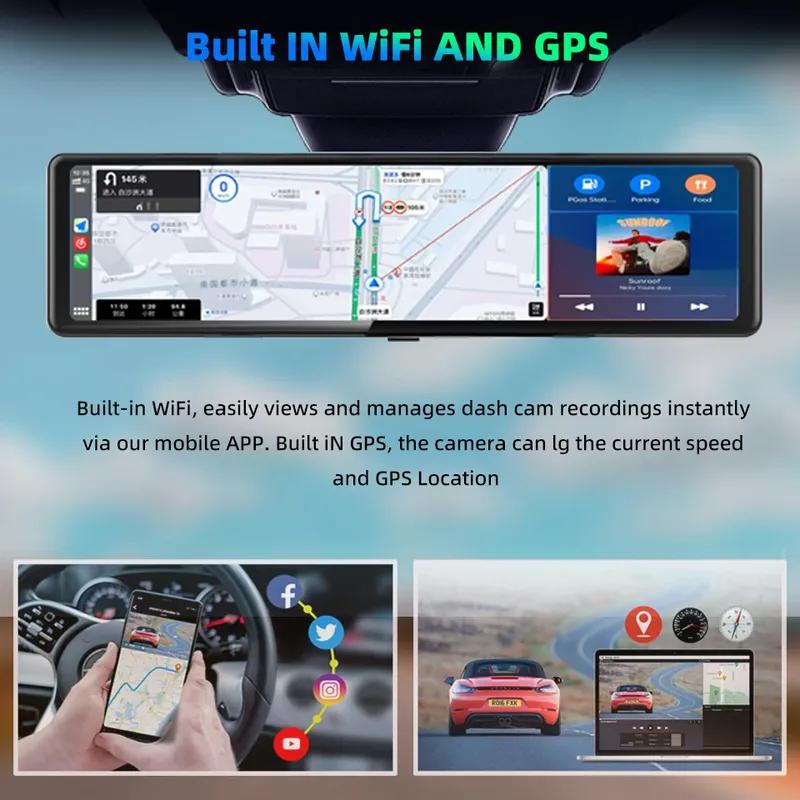 4K UHD 11,26-дюймовая 3-канальная видеорегистратор-зеркало с GPS, беспроводным Apple Carplay и Android Auto, голосовым управлением, камерой заднего вида, ИК-ночным видением