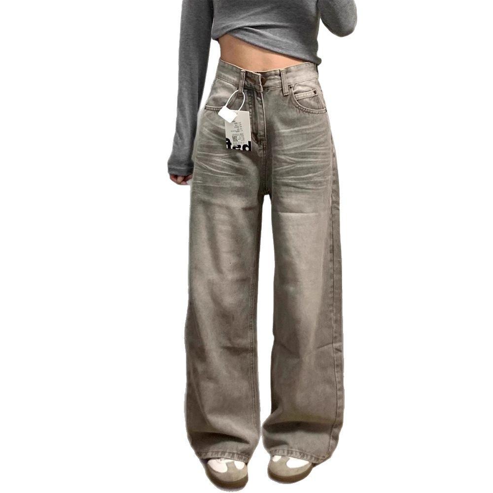 Женские джинсы с высокой талией в стиле ретро, серые, с широкими штанинами - Летние прямые брюки длиной до пола