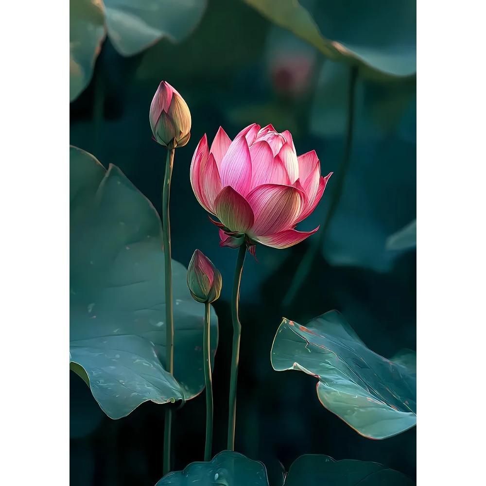 Постеры «Безмятежность: Пруд с лотосами» Красивый цветок лотоса Магические Современные принты листьев Холст Настенное искусство Картины Декор для дома Гостиная