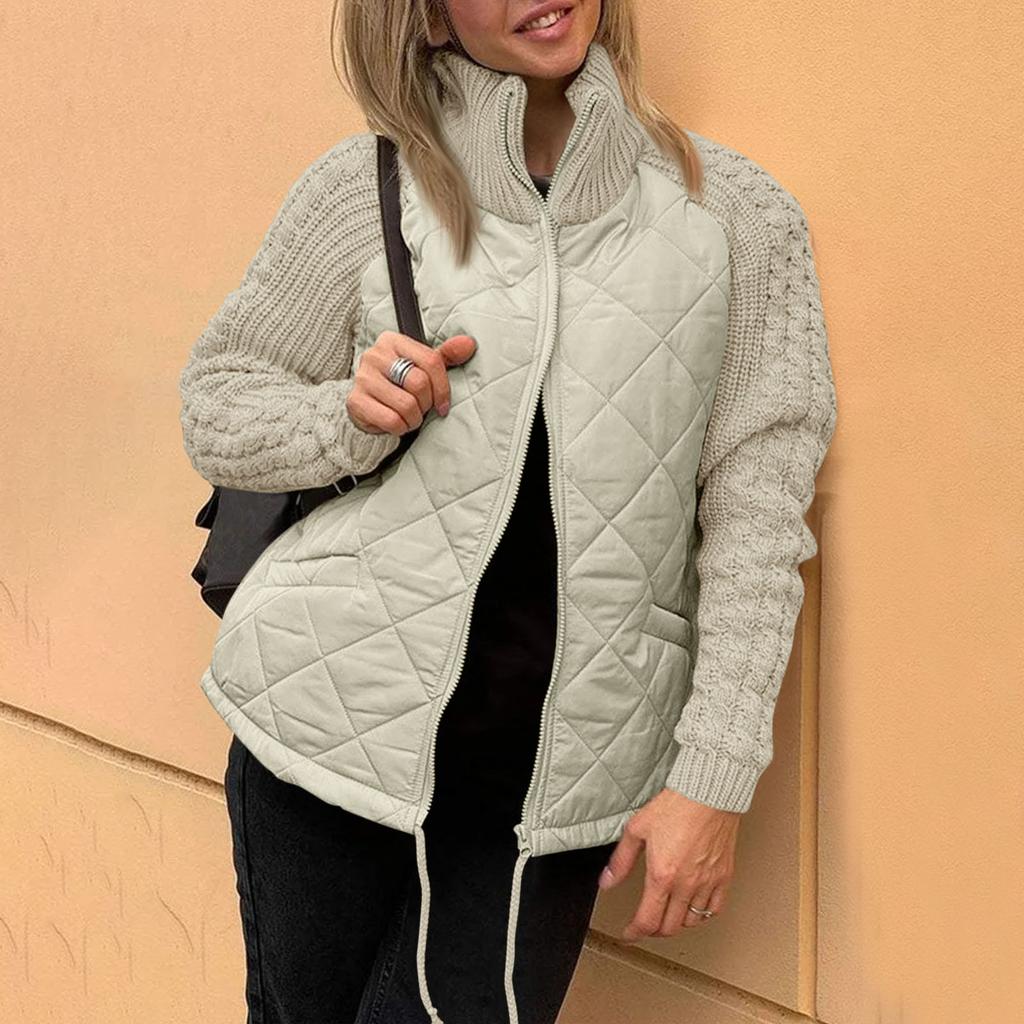Womens Solid Color Knitted Patchwork Quilted Jacket Casual Lightweight Stand Collar Long Sleeve Zip Jackets Padded Outerwear Coats