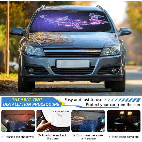 Purple Blue Butterfly Front Windshield Sun Shade Accordion Folding Auto Sunshade For Car Truck SUV-Blocks UV Rays Sun Visor Protector