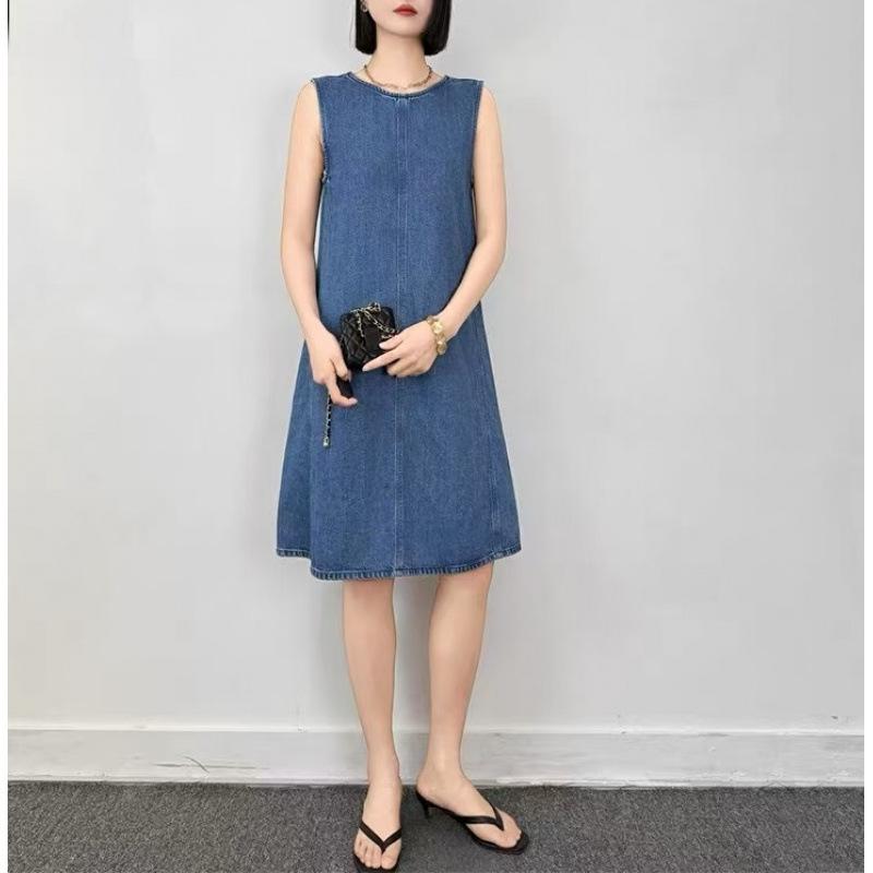 Women's Blue Patchwork Denim Boat Neck Summer Dress