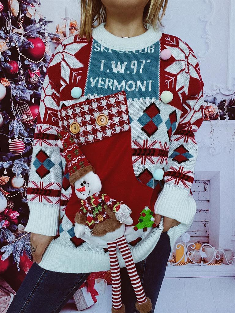 Foreign Trade Autumn and Winter New Thick Christmas Sweater Hand Decorated Button Letters Snowman Doll Pullover Sweater for Women 3525 EMA